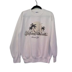 Vintage Y2k 90s Womens Sweatshirt White Dolphins Palm Trees Beach Medium